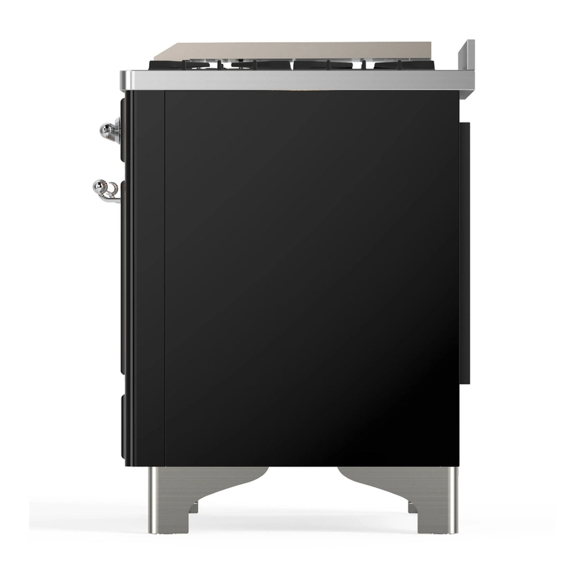 Glossy black dual fuel range back corner view with chrome knobs and trim