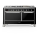 ILVE Majestic III 60-inch Dual Fuel Range with 5 Liquid Propane Burner, Griddle and Solid Door Electric Oven in Glossy Black with Chrome Trim (UM60FQNR3BKCLP)