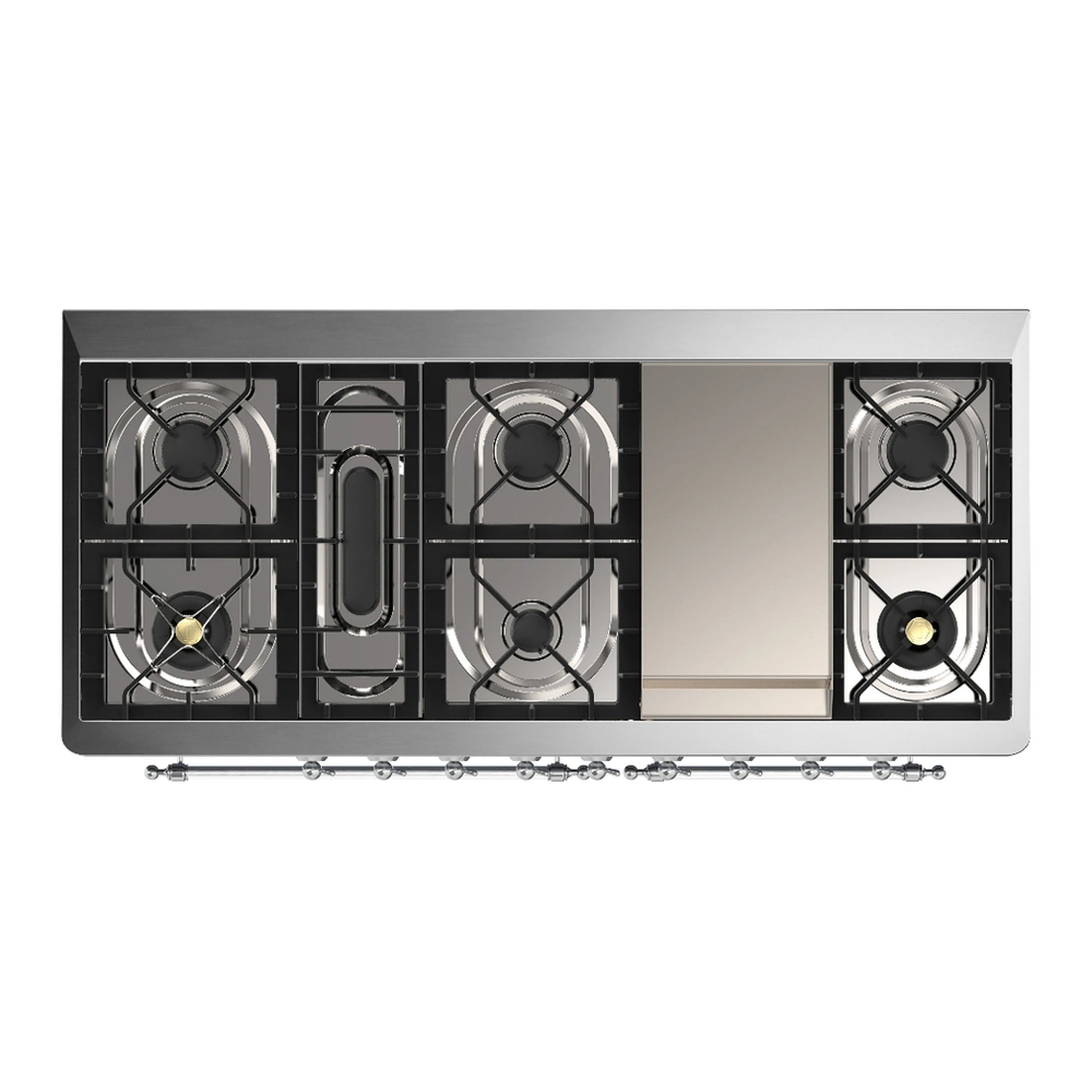 ILVE dual fuel range burner layout with four gas burners and center griddle section