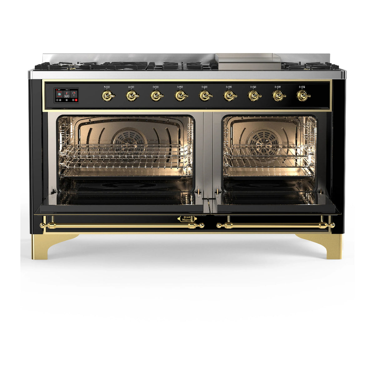 Glossy black dual fuel range with open double ovens, racks, and brass accents