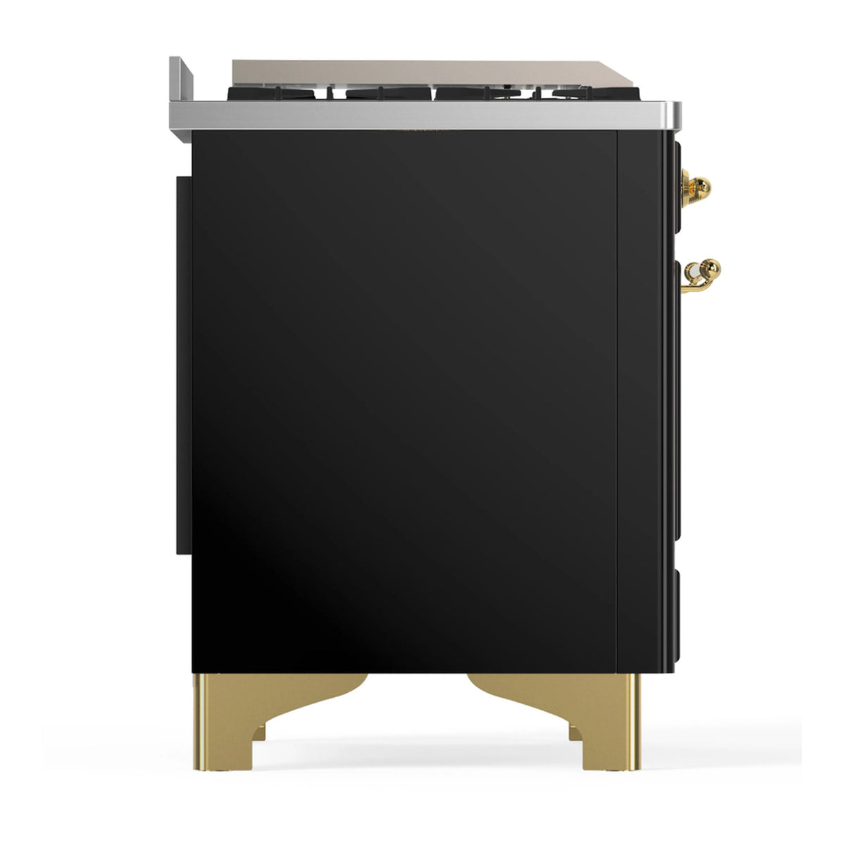 Side view of glossy black dual fuel range with brass corner base and side knobs