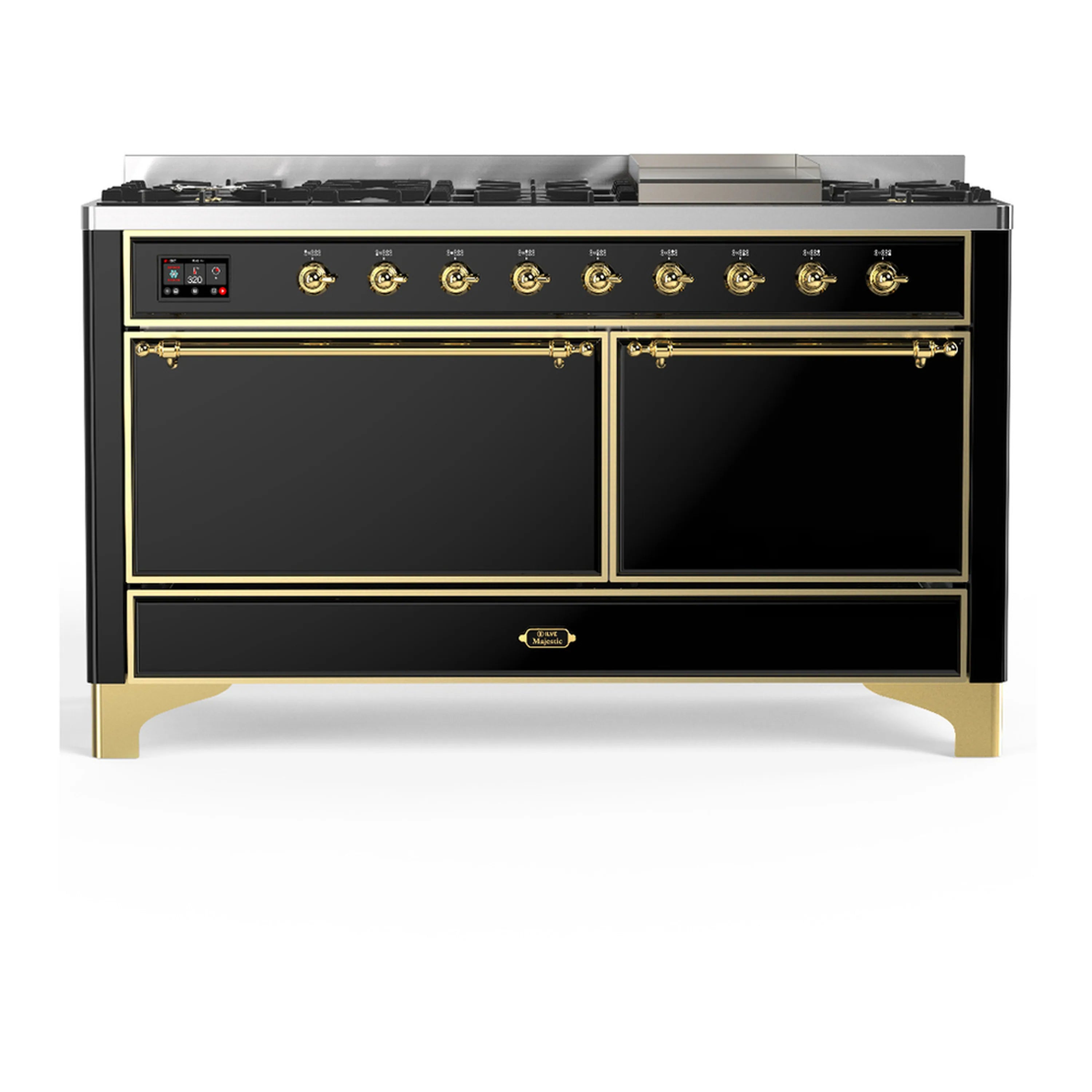 Front view of glossy black dual fuel range with three knobs row and two oven doors
