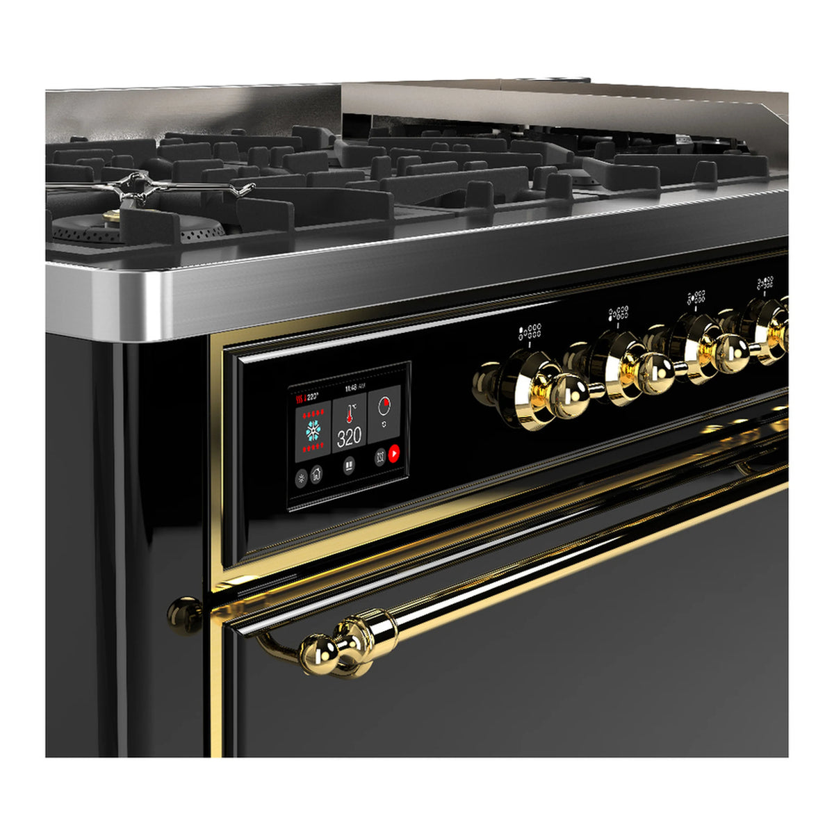 Dual fuel range in glossy black with brass trim; burner grates and control panel.