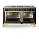 ILVE Majestic III 60-inch Dual Fuel Range with 7 Natural Gas Burner, Griddle and Solid Door Electric Oven in Glossy Black with Brass Trim (UM60FQNR3BKG)