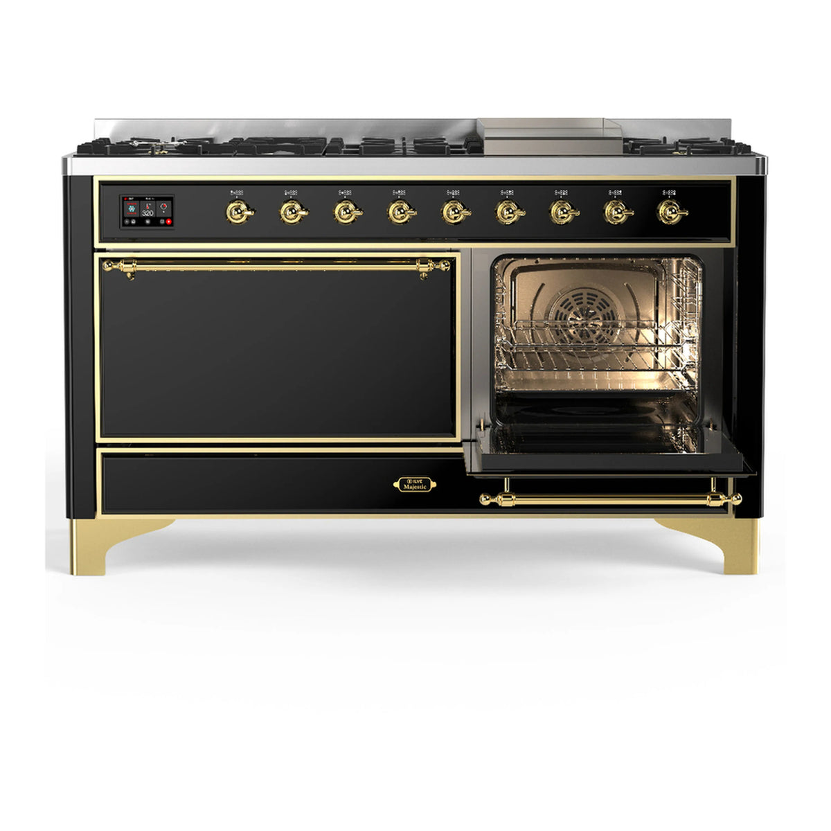 Dual fuel range in glossy black with brass trim; left door closed, right oven open.