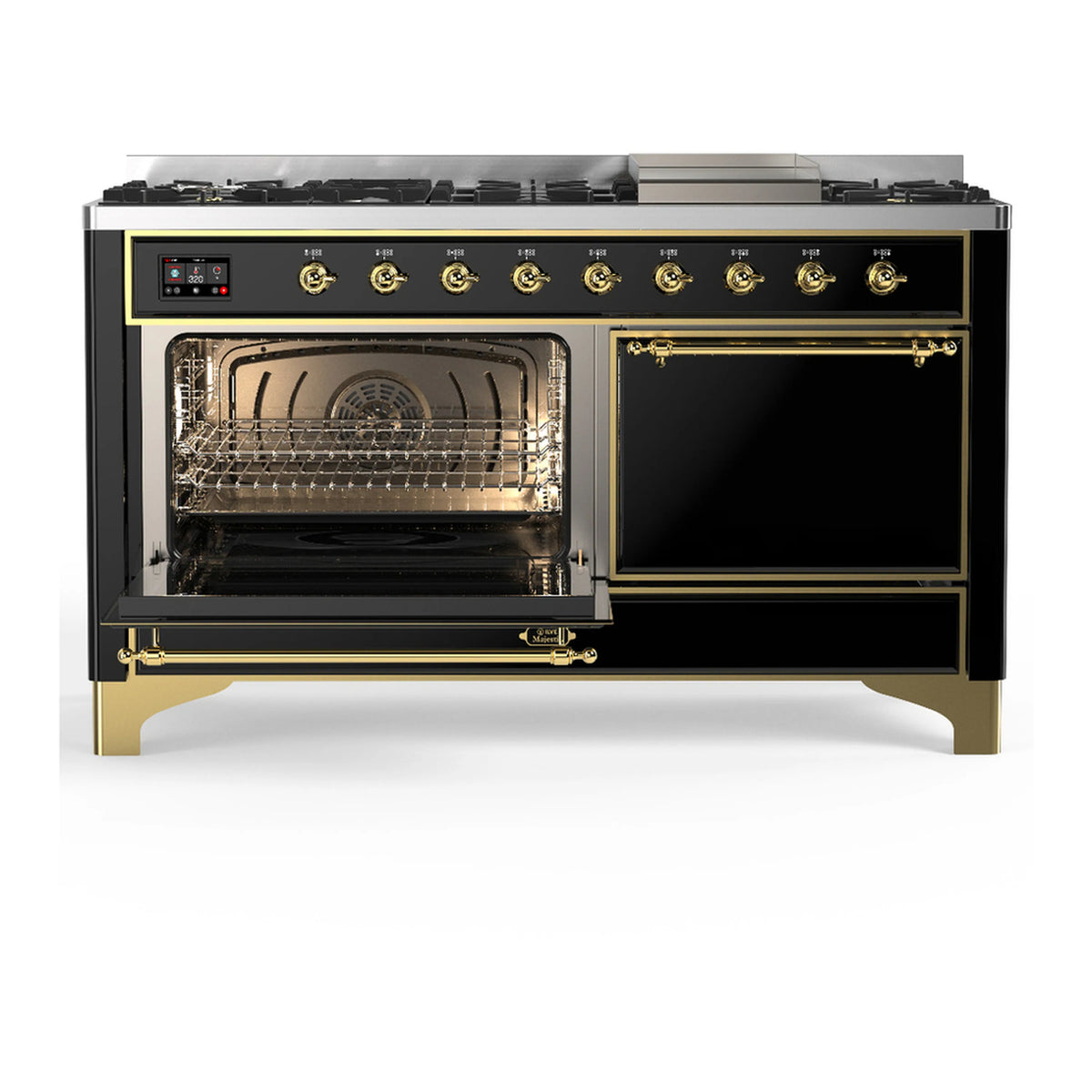 Dual fuel range in glossy black with brass trim; right door closed, oven interior visible.