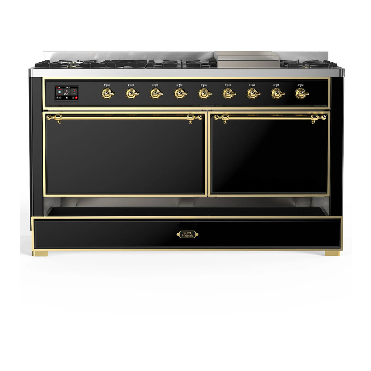 Dual fuel range in glossy black with brass trim; both oven doors closed.