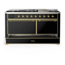 ILVE Majestic III 60-inch Dual Fuel Range with 7 Natural Gas Burner, Griddle and Solid Door Electric Oven in Glossy Black with Brass Trim (UM60FQNR3BKG)