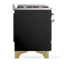 ILVE Majestic III 60-inch Dual Fuel Range with 7 Natural Gas Burner, Griddle and Solid Door Electric Oven in Glossy Black with Brass Trim (UM60FQNR3BKG)