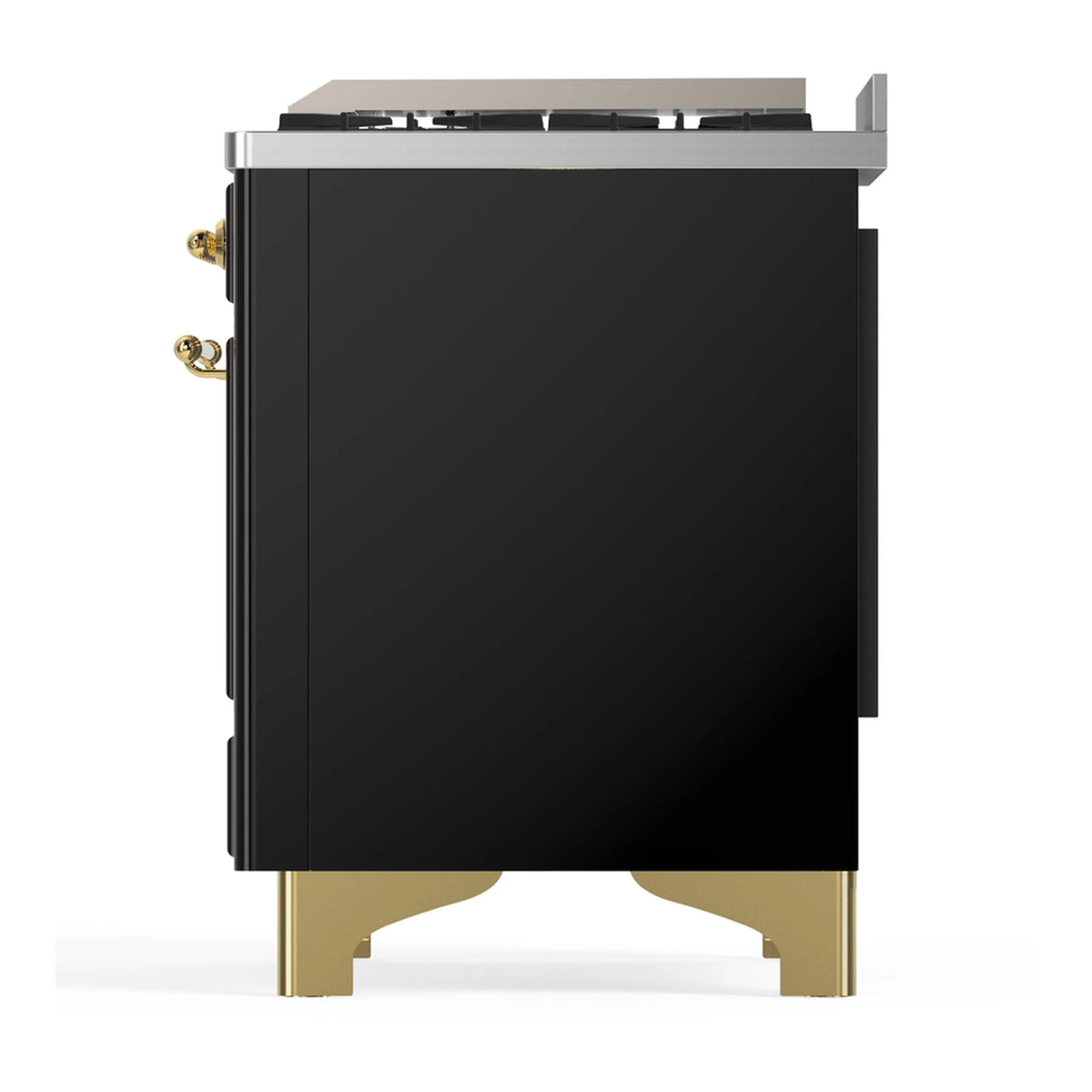Dual fuel range in glossy black with brass trim; rear side panel view.