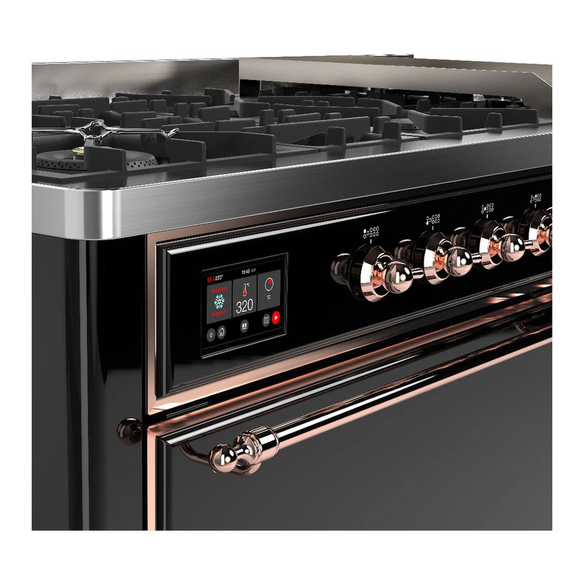 ILVE dual fuel range in glossy black with copper-trim control panel and oven door handle