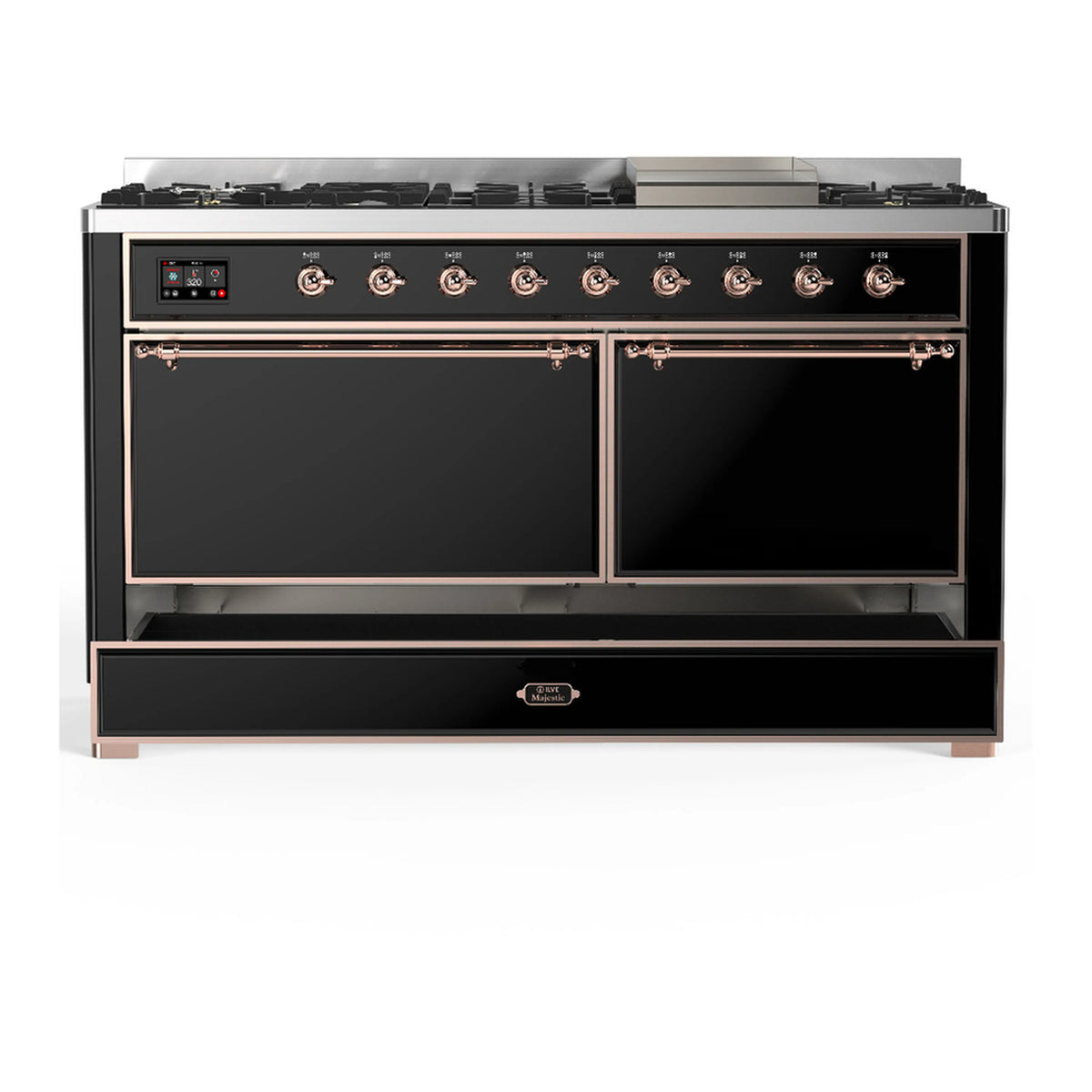 ILVE dual fuel range with two closed oven doors and storage drawer, glossy black, copper trim