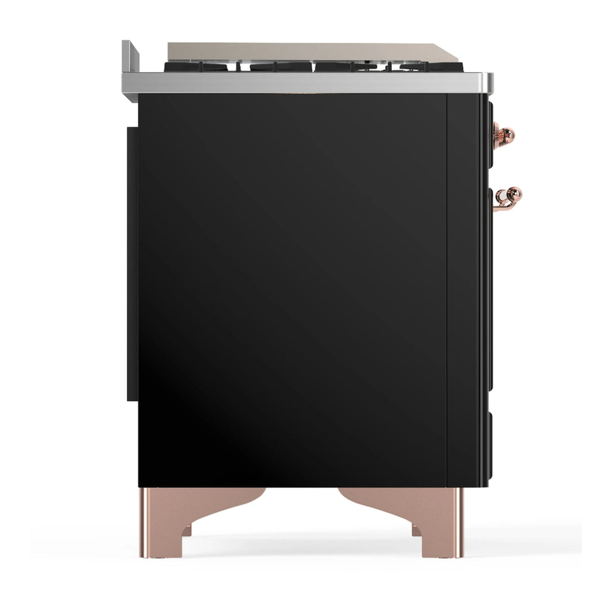 ILVE dual fuel range side view in glossy black with copper feet and side burner controls