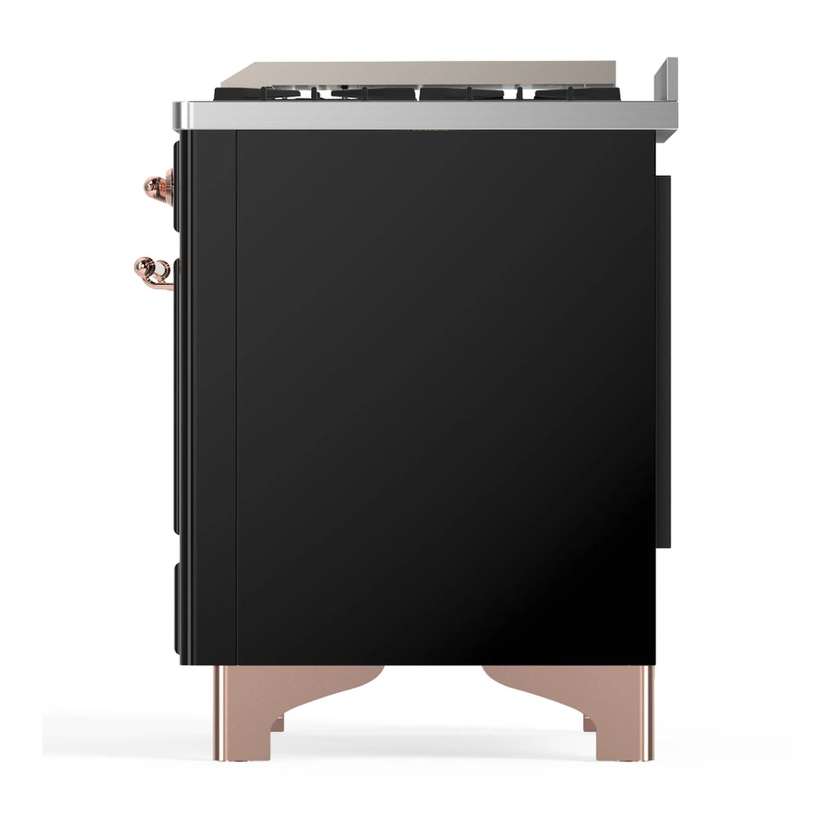 ILVE dual fuel range rear side view with glossy black body and copper trim accents