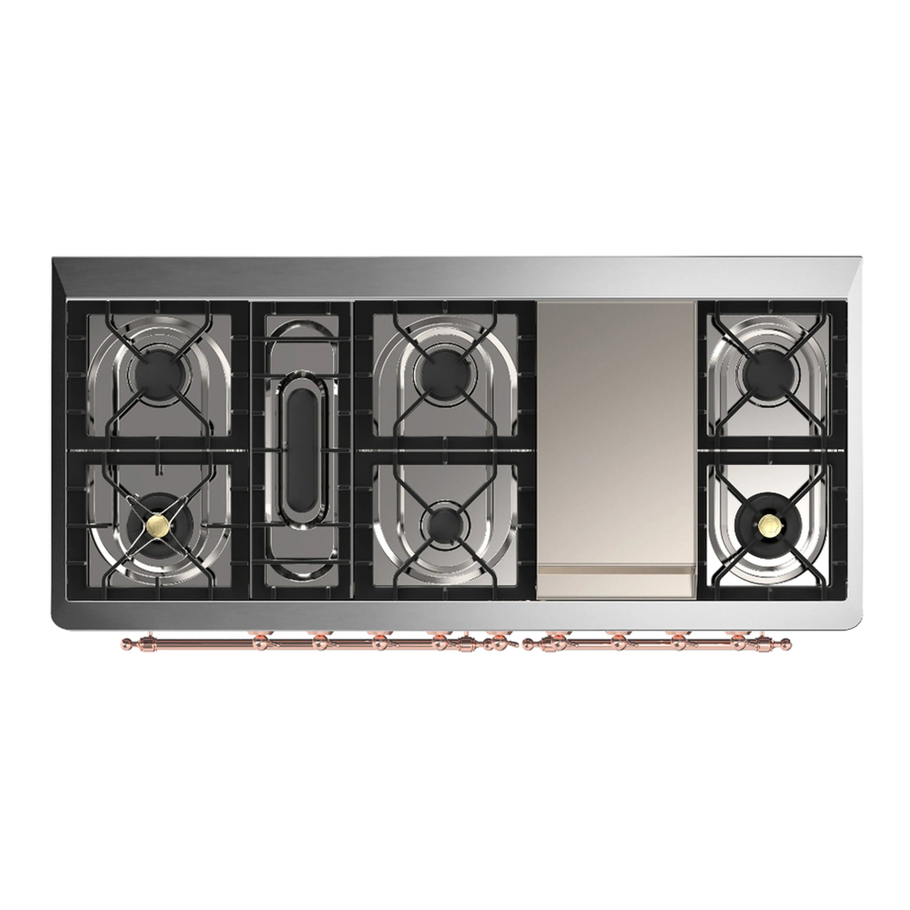 ILVE dual fuel range cooktop view with six burners, center griddle, glossy black grates