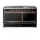 ILVE Majestic III 60-inch Dual Fuel Range with 7 Natural Gas Burner, Griddle and Solid Door Electric Oven in Glossy Black with Copper Trim (UM60FQNR3BKP)