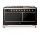 ILVE Majestic III 60-inch Dual Fuel Range with 7 Natural Gas Burner, Griddle and Solid Door Electric Oven in Glossy Black with Copper Trim (UM60FQNR3BKP)