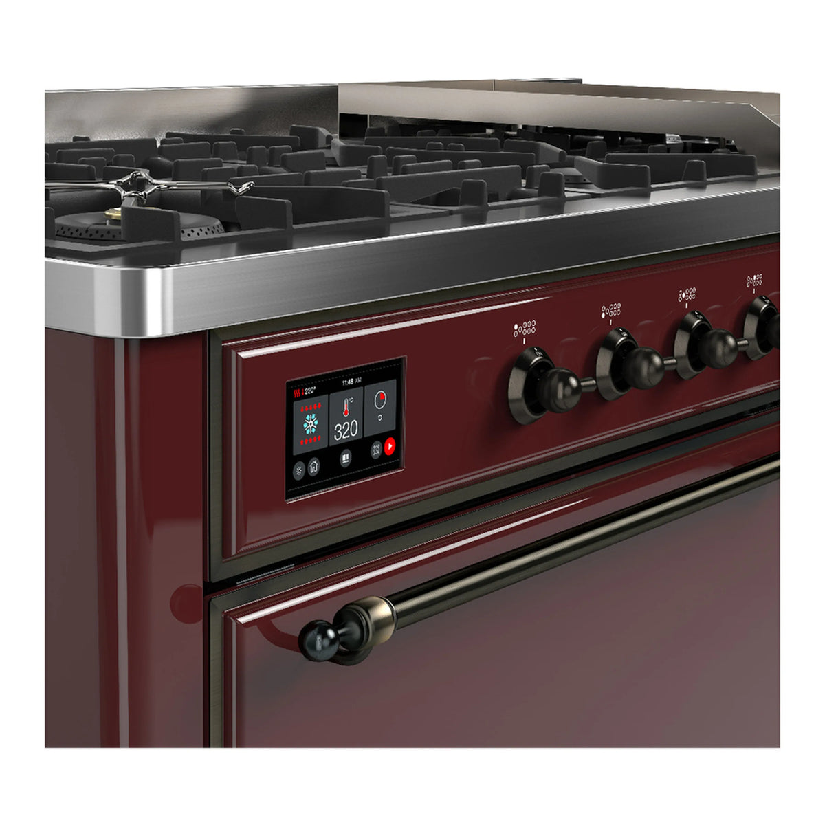 Burgundy dual fuel range with black control panel and metal burner knobs, front view.