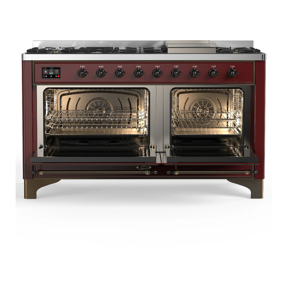 Burgundy dual fuel range with two oven doors open, showing racks and warm interior.