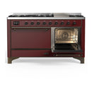 ILVE Majestic III 60-inch Dual Fuel Range with 5 Liquid Propane Burner, Griddle and Solid Door Electric Oven in Burgundy with Burnished Trim (UM60FQNR3BUBLP)
