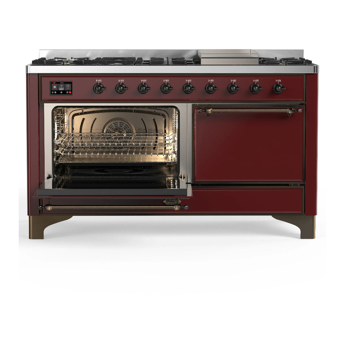Burgundy dual fuel range with left oven door open and full front control row.