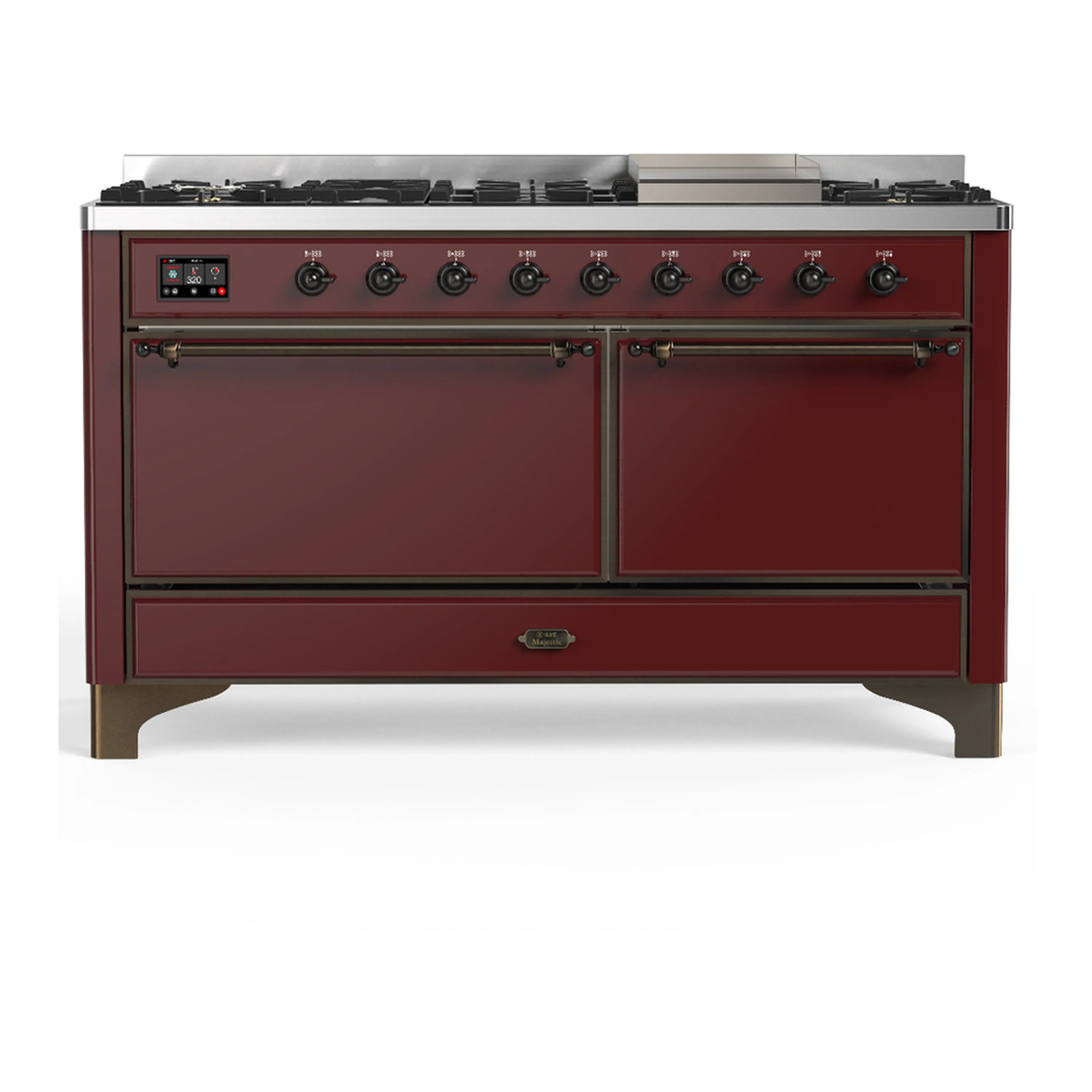 Burgundy dual fuel range with two oven doors closed and exterior control panel visible.