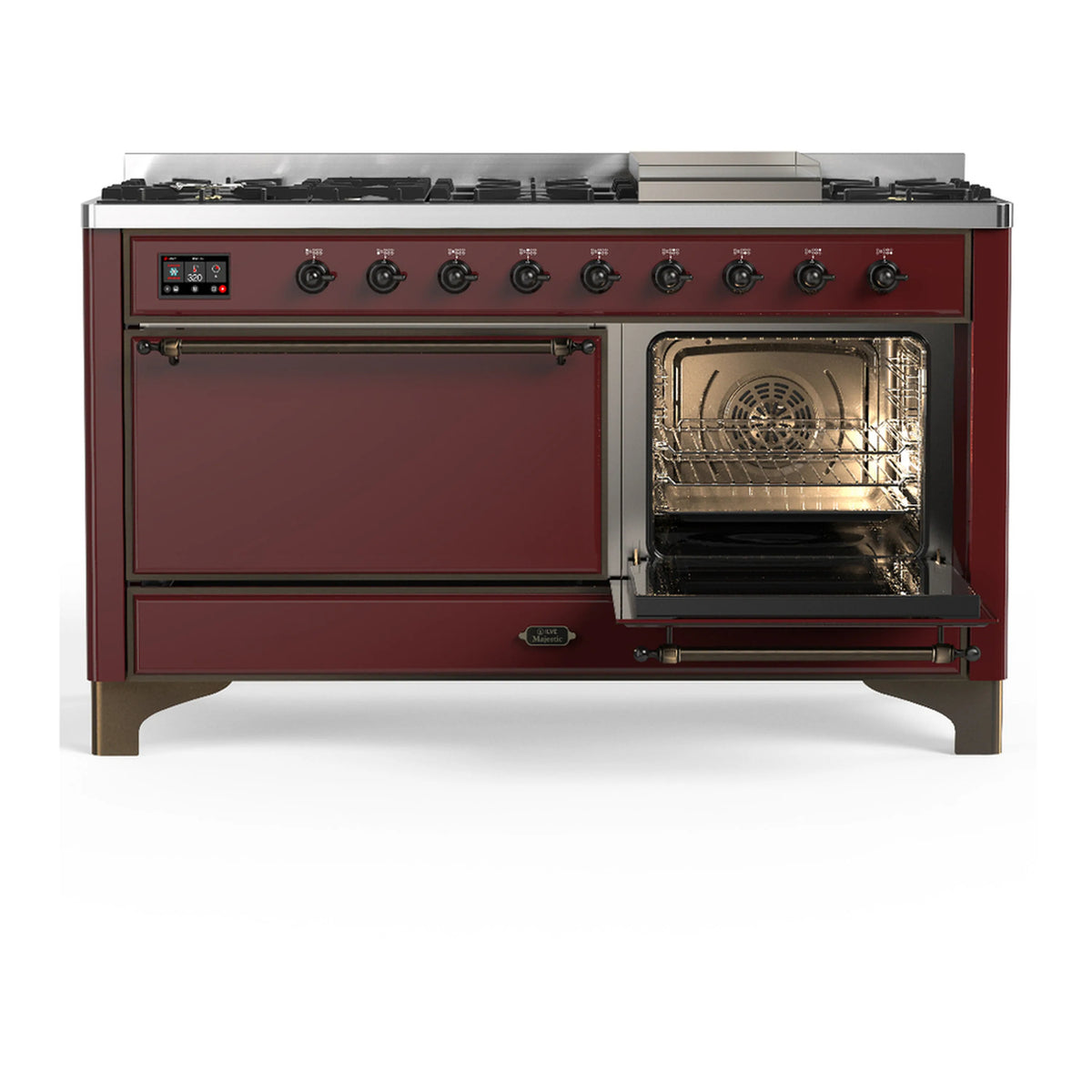 Burgundy dual fuel range with open oven door and cooktop control knobs, front view.