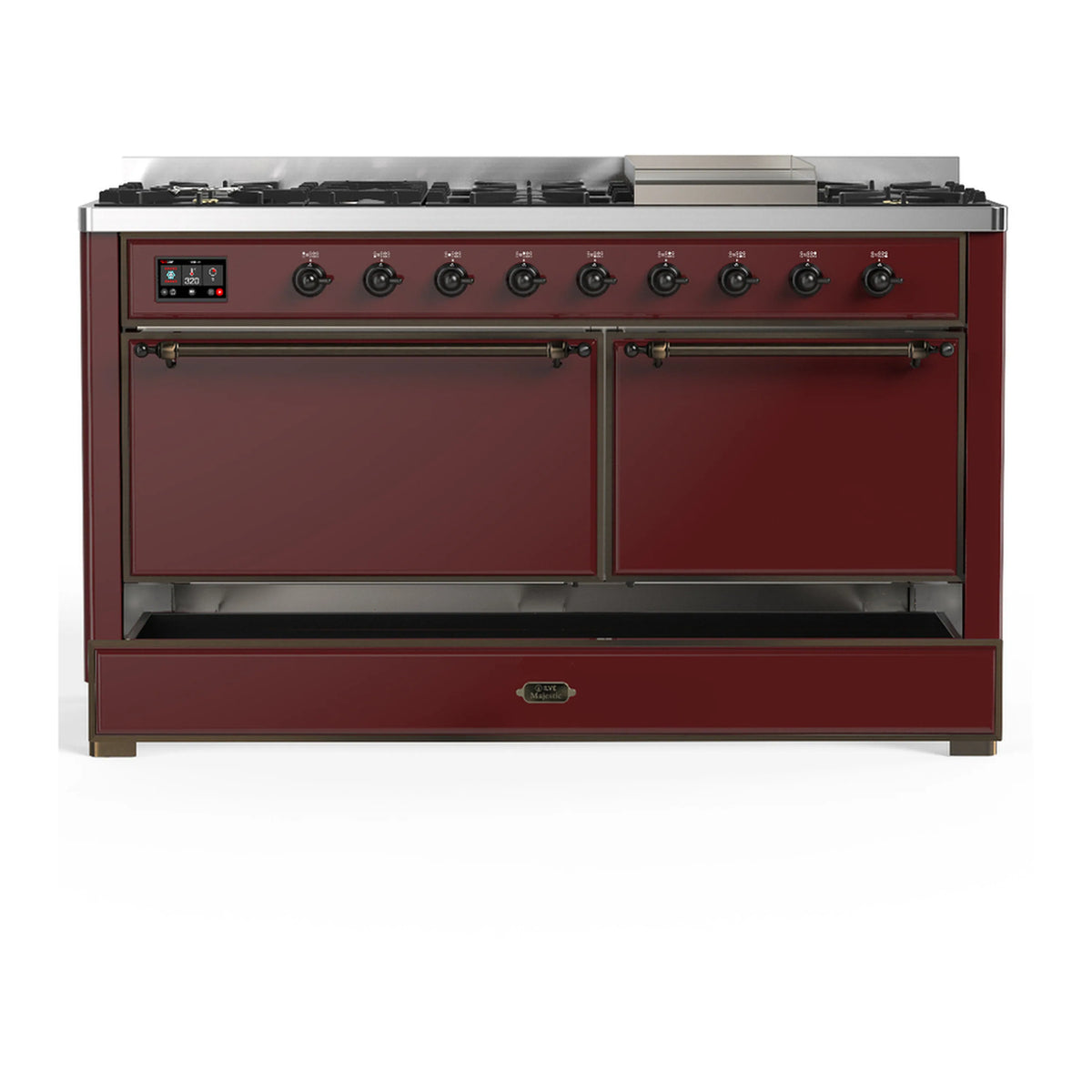 Burgundy dual fuel range with two lower doors/drawers and cooktop control panel, front view.
