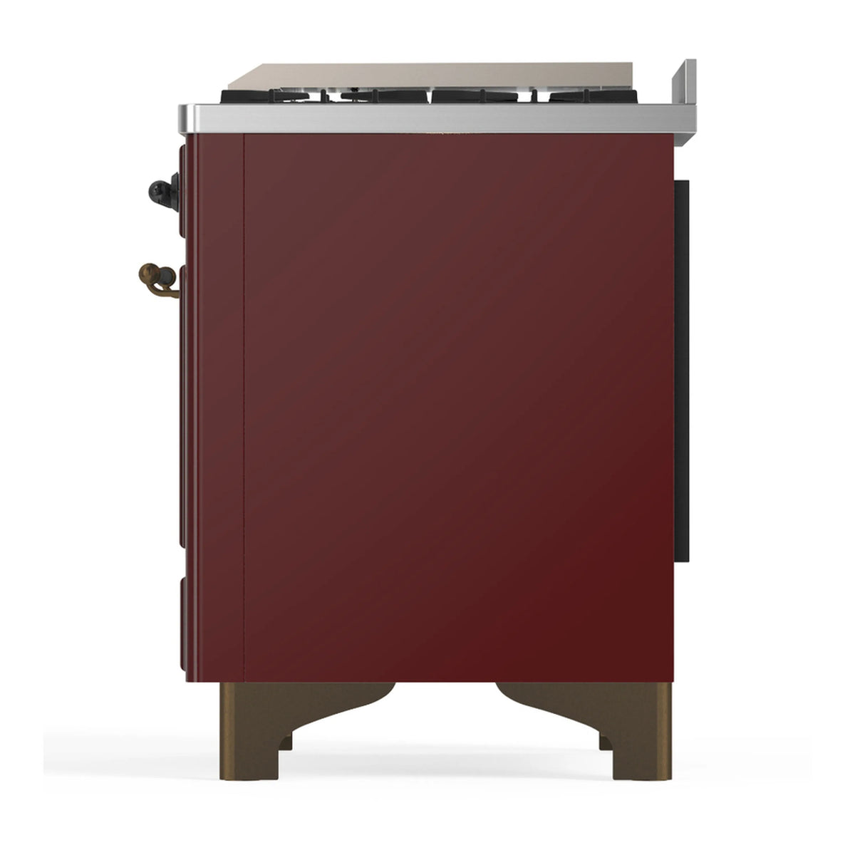 Burgundy dual fuel range rear side panel with stainless trim and knobs, side view.