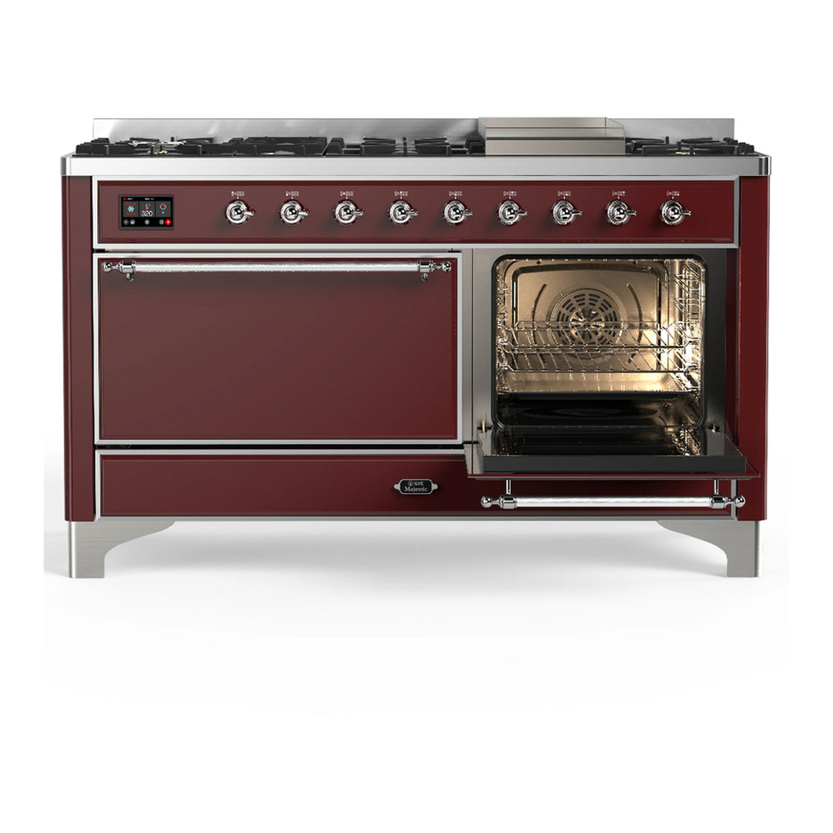 Burgundy dual fuel range with one open oven door and chrome handles