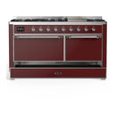 ILVE Majestic III 60-inch Dual Fuel Range with 5 Liquid Propane Burner, Griddle and Solid Door Electric Oven in Burgundy with Chrome Trim (UM60FQNR3BUCLP)