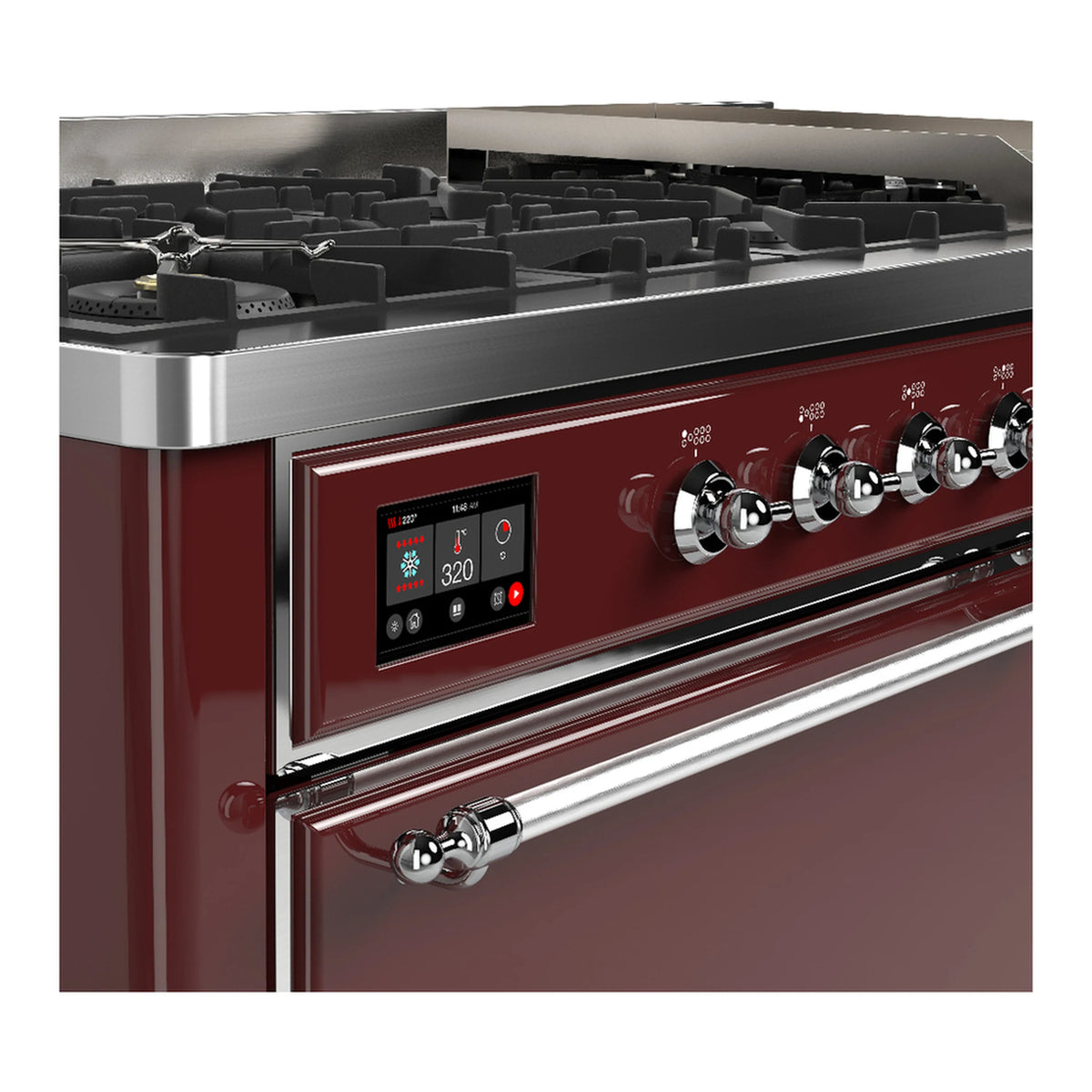 Burgundy dual fuel range front with chrome control knobs and gas burner grates
