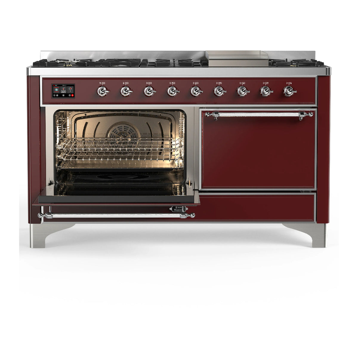 Burgundy dual fuel range with left oven open and right solid door closed, chrome trim