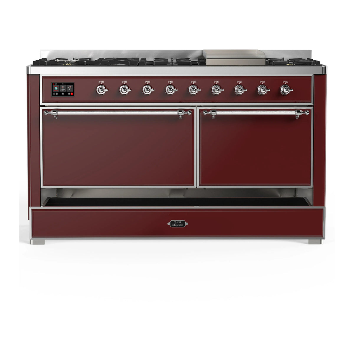Burgundy dual fuel range with two closed oven doors and a lower drawer, chrome trim