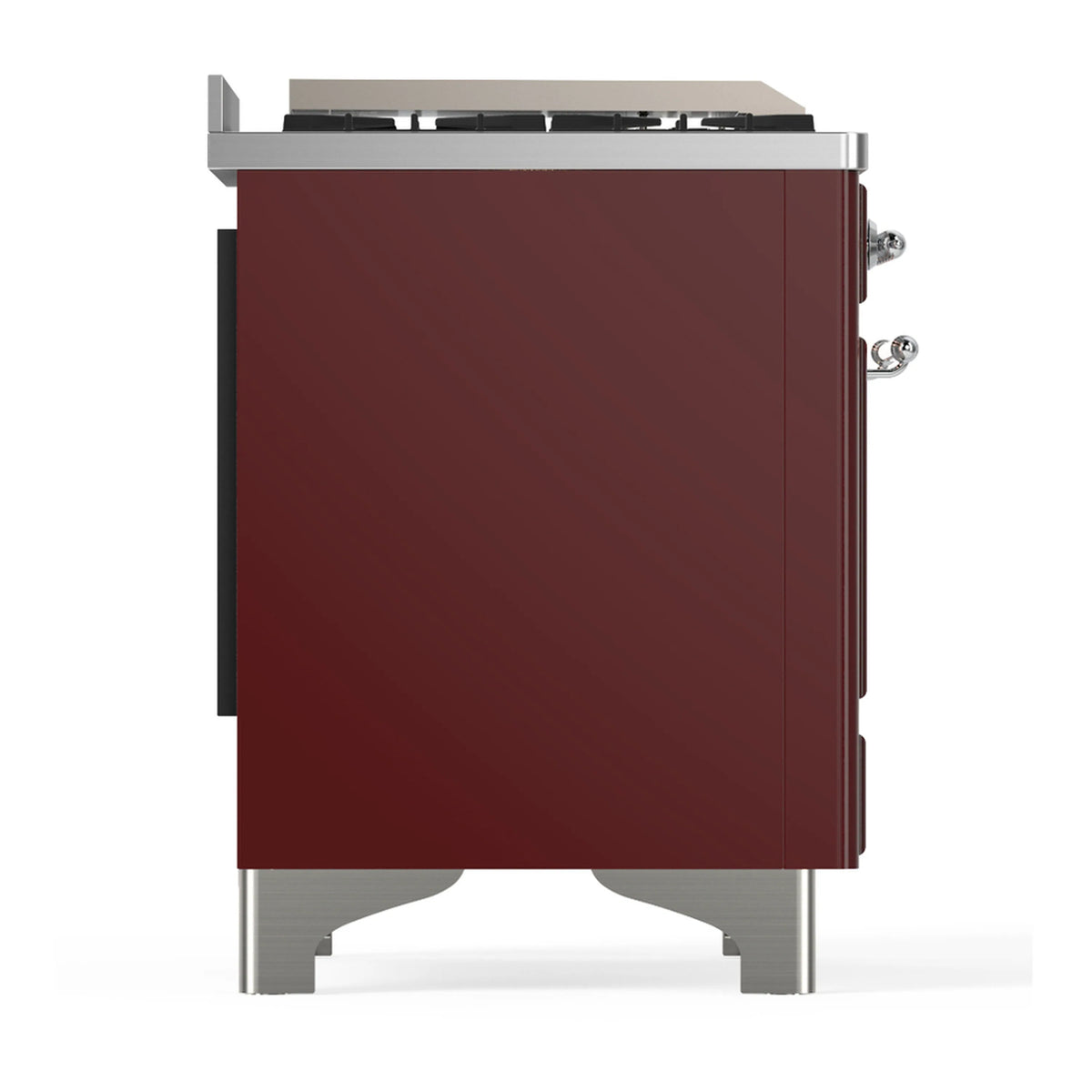 Burgundy dual fuel range side panel with chrome accents and corner trim