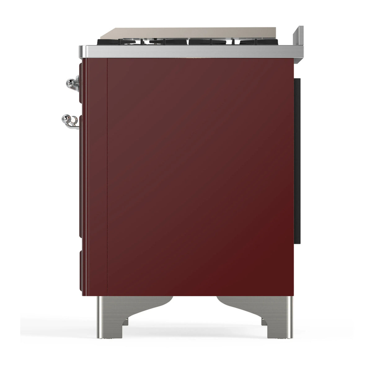 Burgundy dual fuel range angled side view with chrome corner posts and controls
