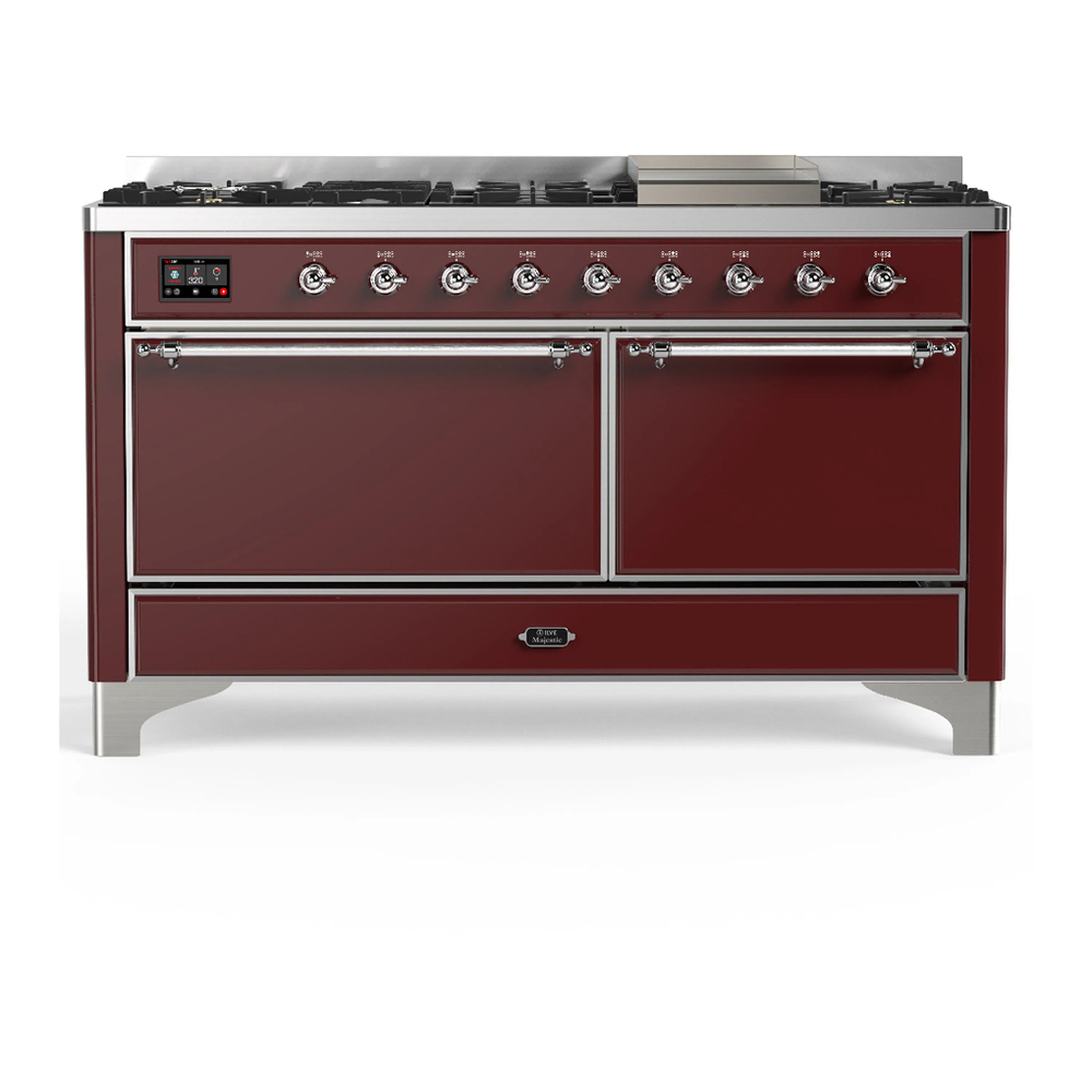 Burgundy dual fuel range front view with burner knobs and two closed oven doors