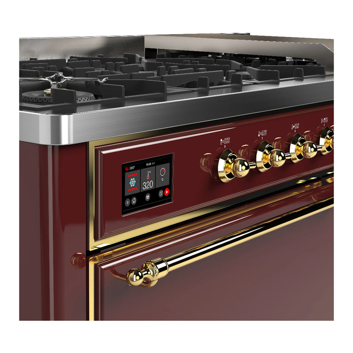 ILVE Majestic III dual fuel range, burgundy body with brass trim and 5 burner cooktop