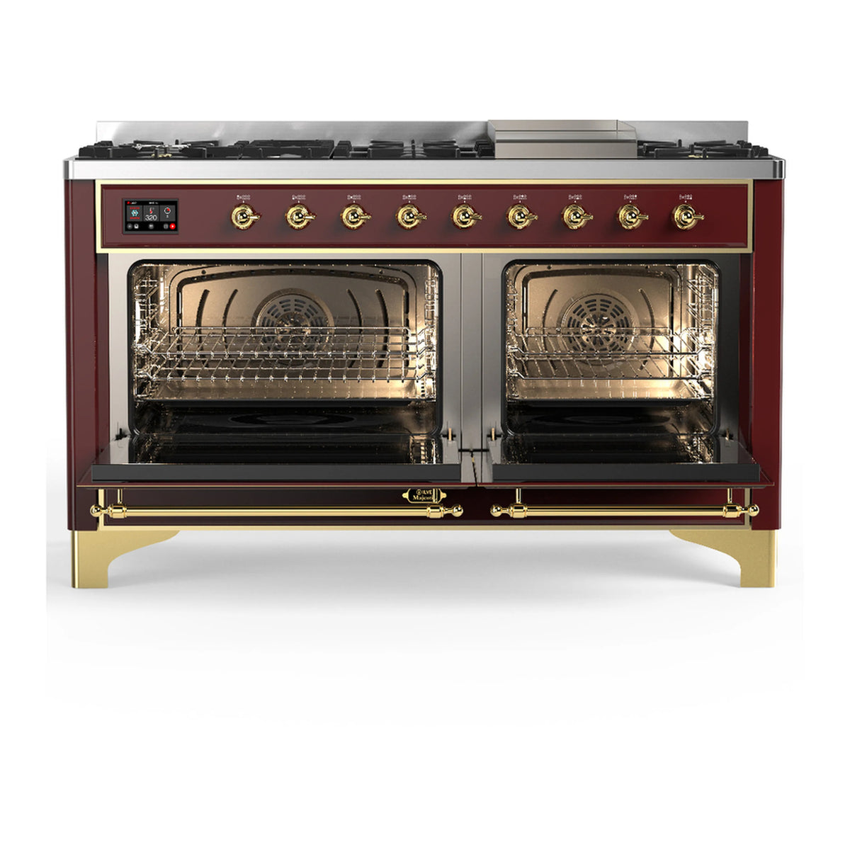 ILVE Majestic III dual fuel range with both oven doors open, brass-trimmed interiors