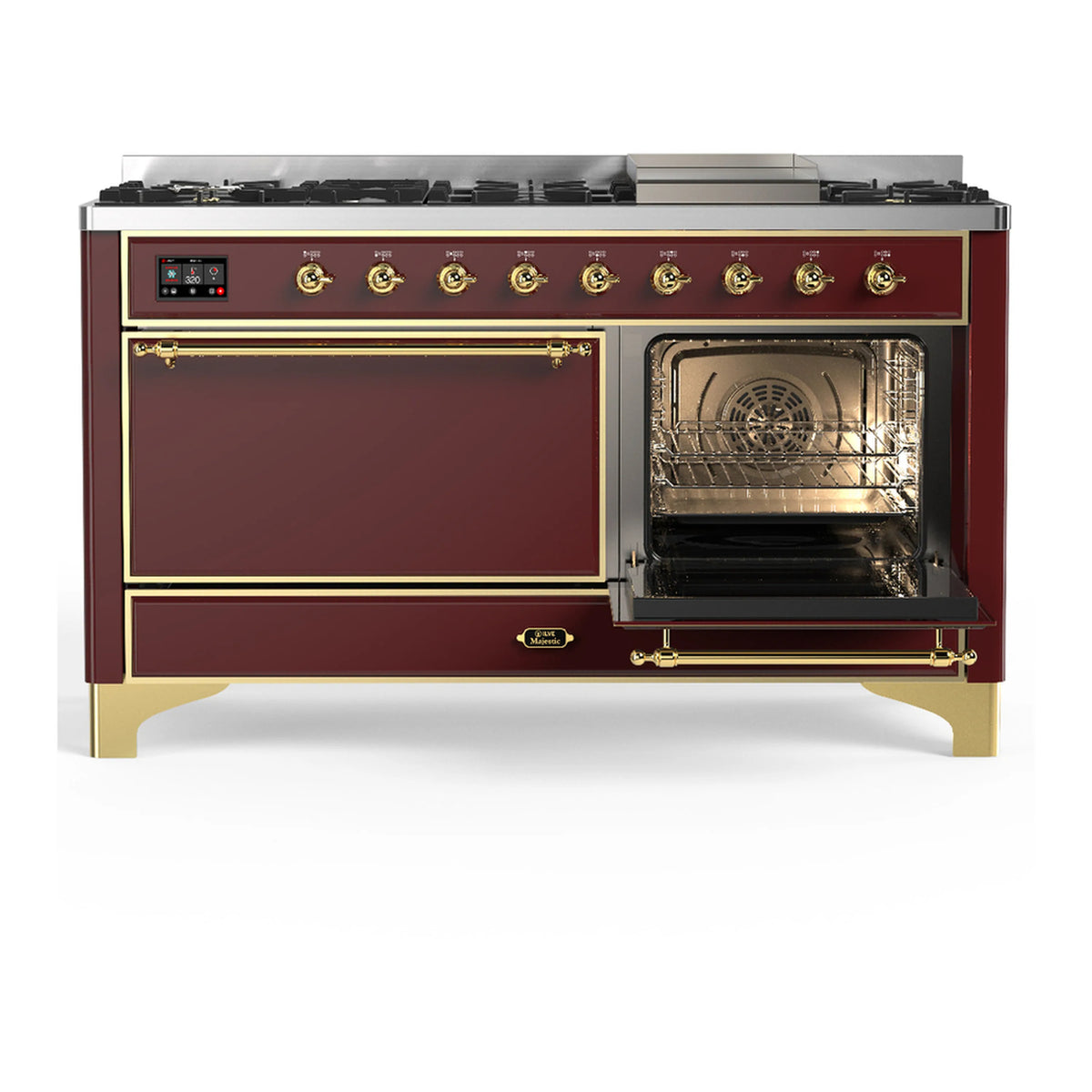 ILVE Majestic III dual fuel range in burgundy with brass trim; right oven door open