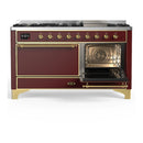 ILVE Majestic III 60-inch Dual Fuel Range with 5 Liquid Propane Burner, Griddle and Solid Door Electric Oven in Burgundy with Brass Trim (UM60FQNR3BUGLP)