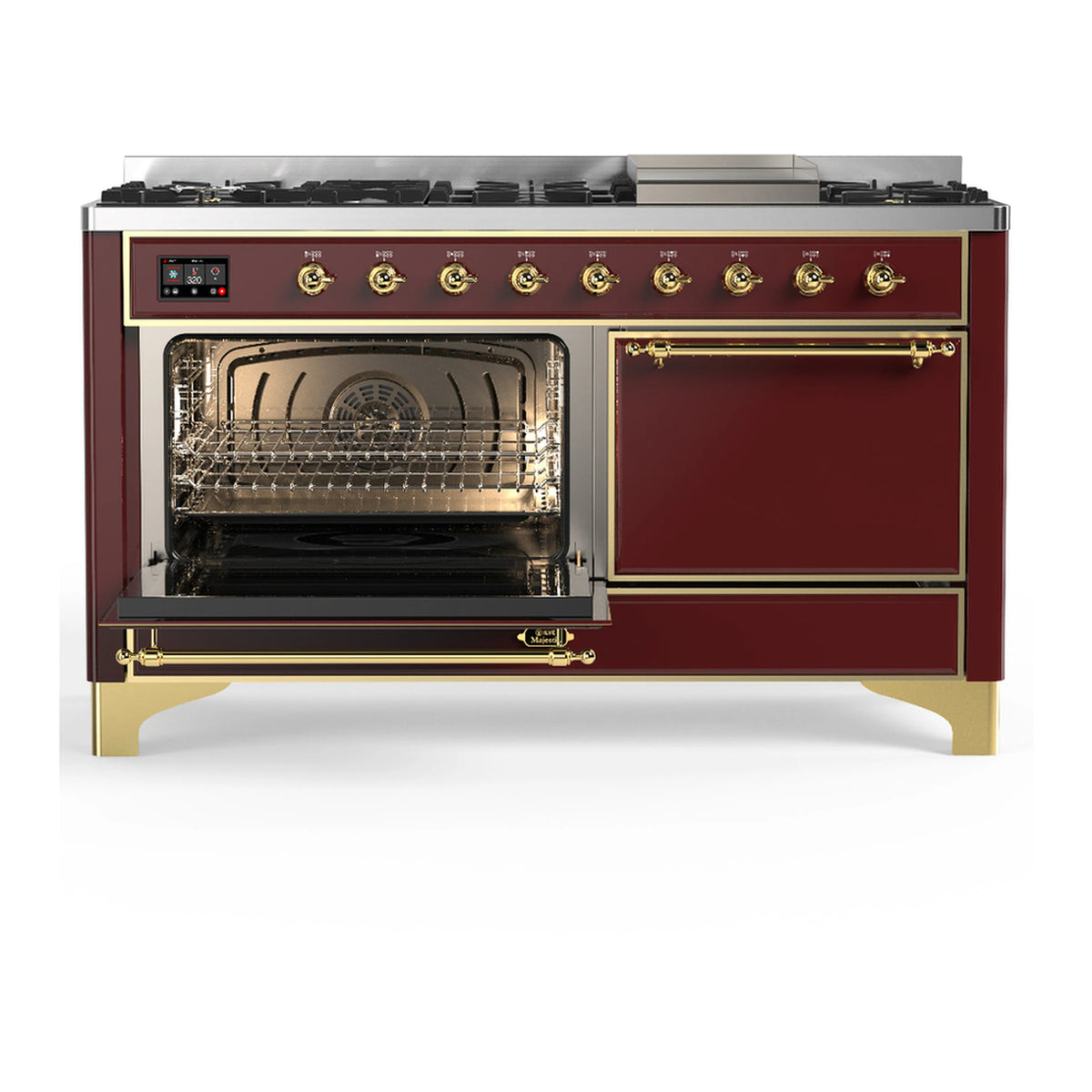 ILVE Majestic III dual fuel range, burgundy with brass trim; left oven door open