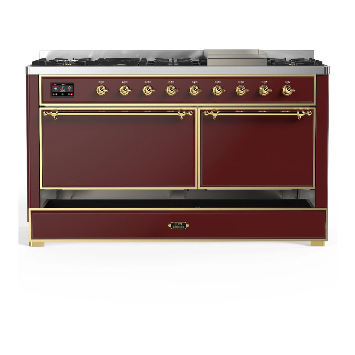 ILVE Majestic III dual fuel range front view with two lower doors in burgundy and brass pulls