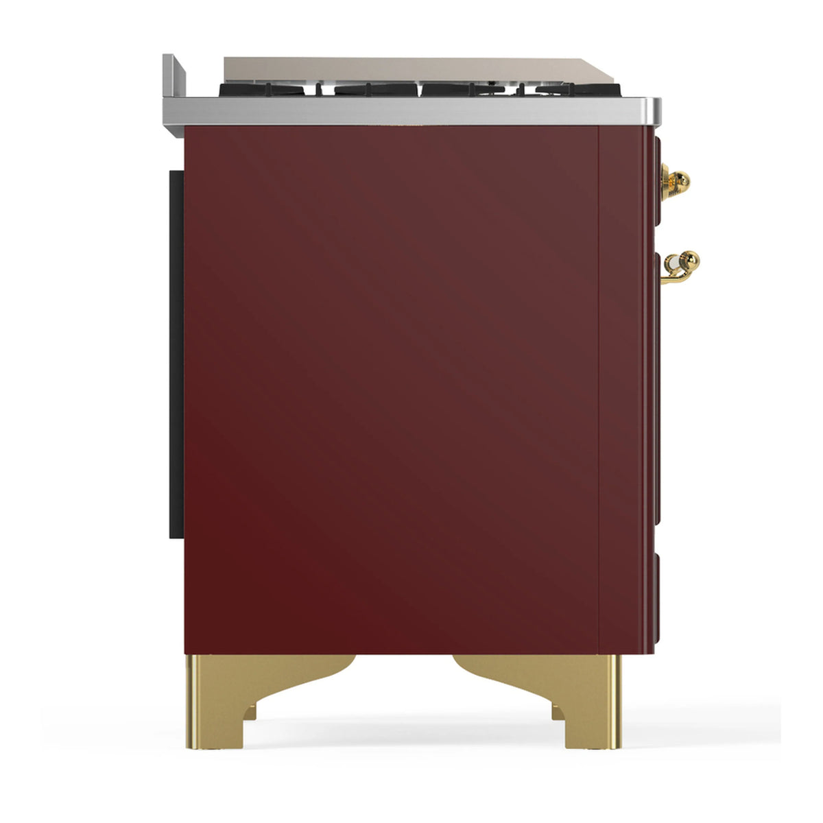 Burgundy side panel of a dual fuel range with brass feet and trim