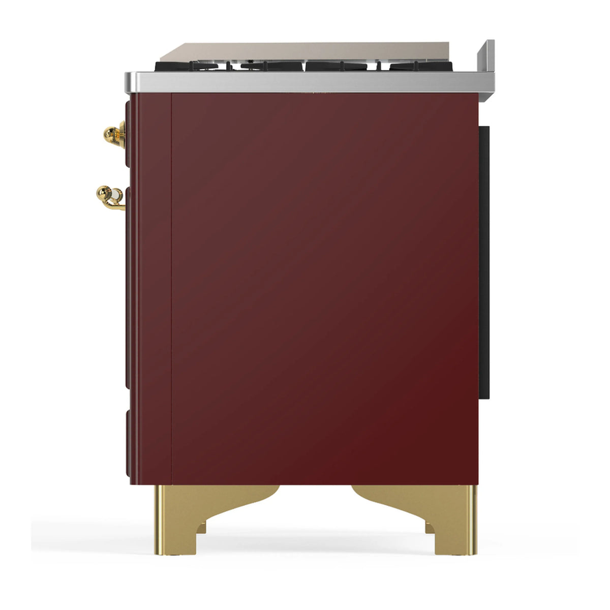 Burgundy dual fuel range side view with brass corner details and feet