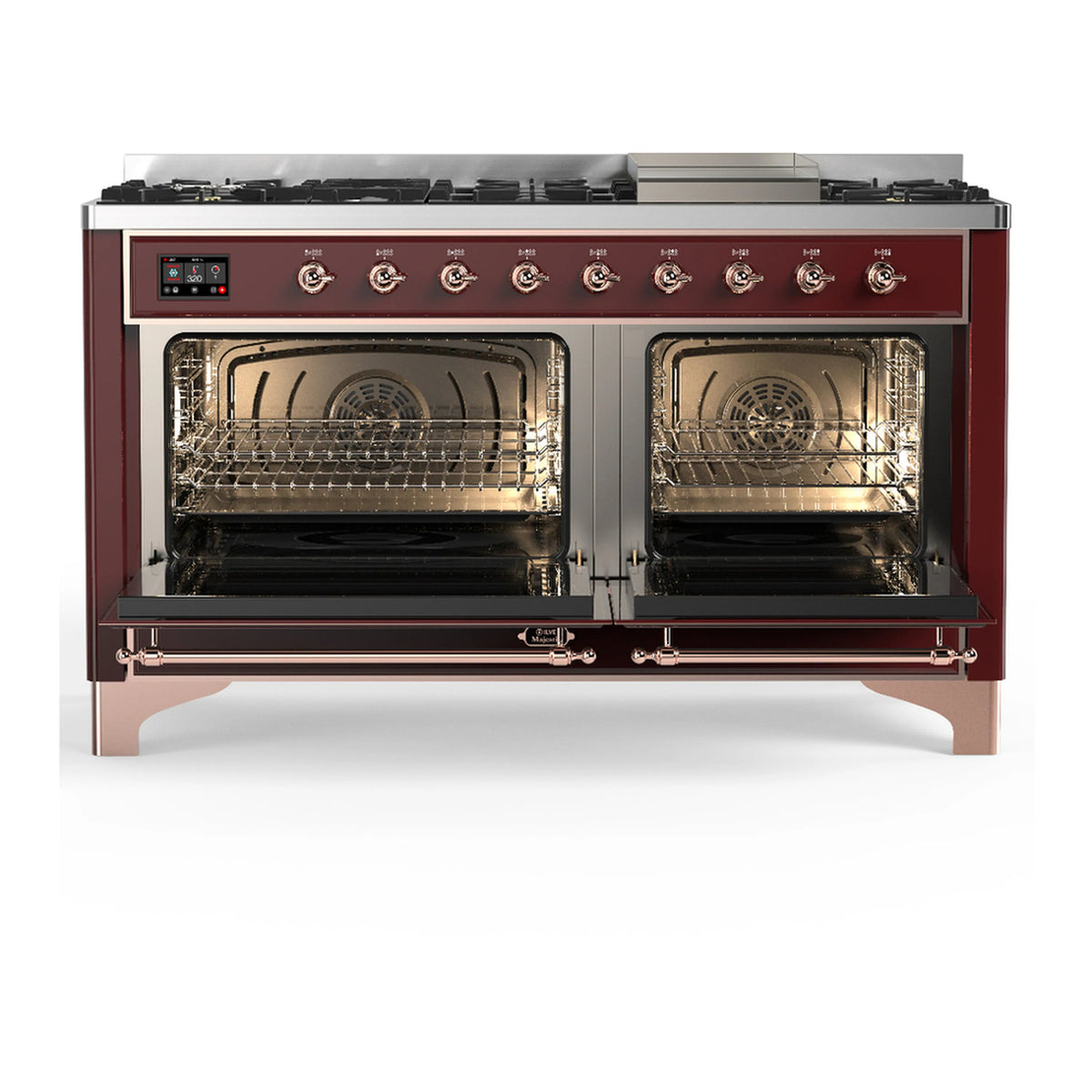 Burgundy dual fuel range with two open oven doors, racks inside, and control panel