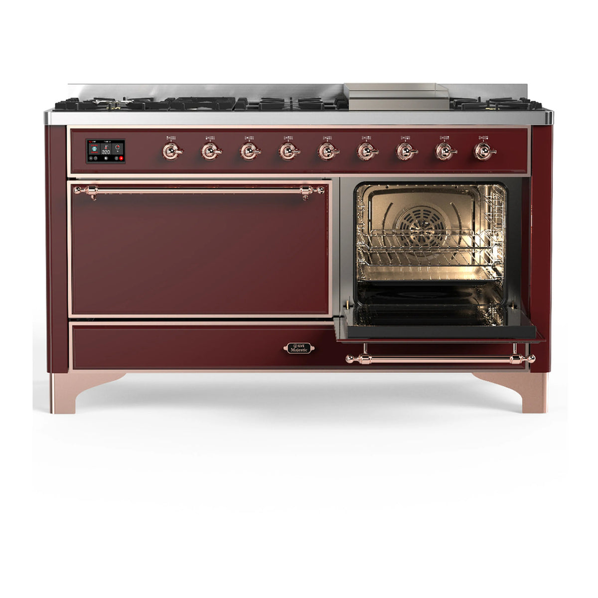 Burgundy dual fuel range with open right oven door and closed left compartment