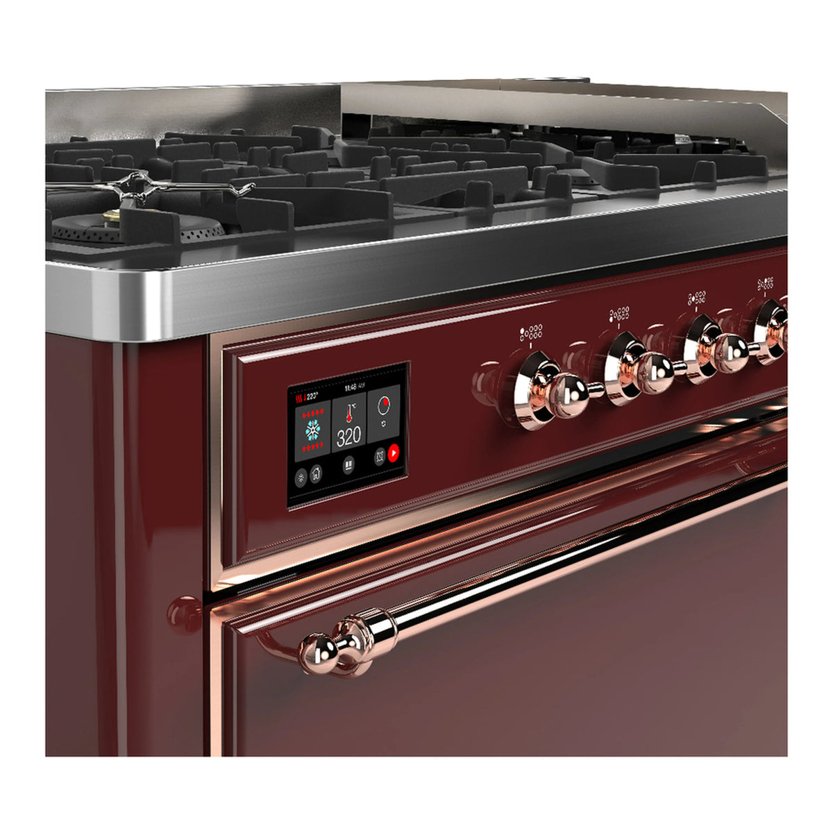 ILVE dual fuel range with burgundy front, copper trim, and black gas burner grates