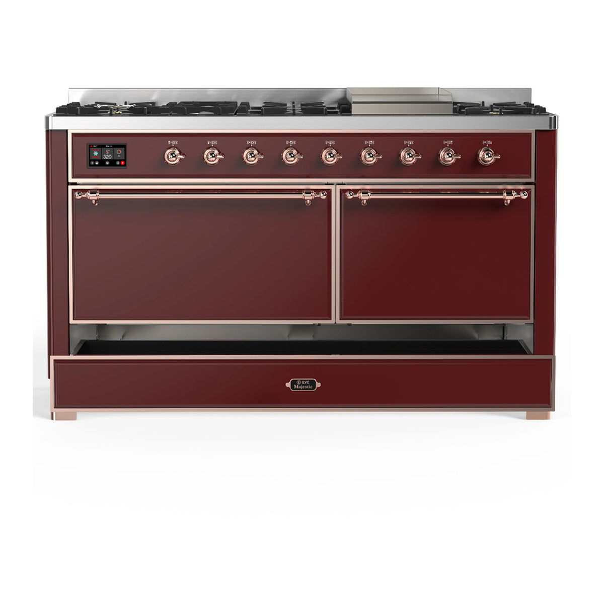 ILVE dual fuel range front view with burgundy cabinet doors and storage drawer