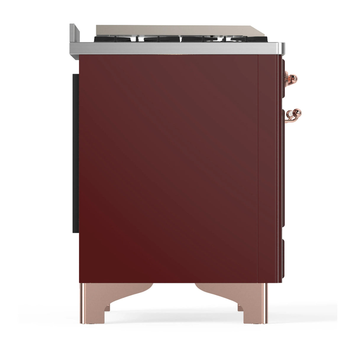ILVE dual fuel range side panel in burgundy with copper handle hardware